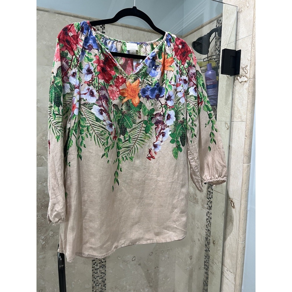 Chico's Floral Print 100% Linen Tropical V-Neck Blouse Tan Multi Size 2 US 12-14